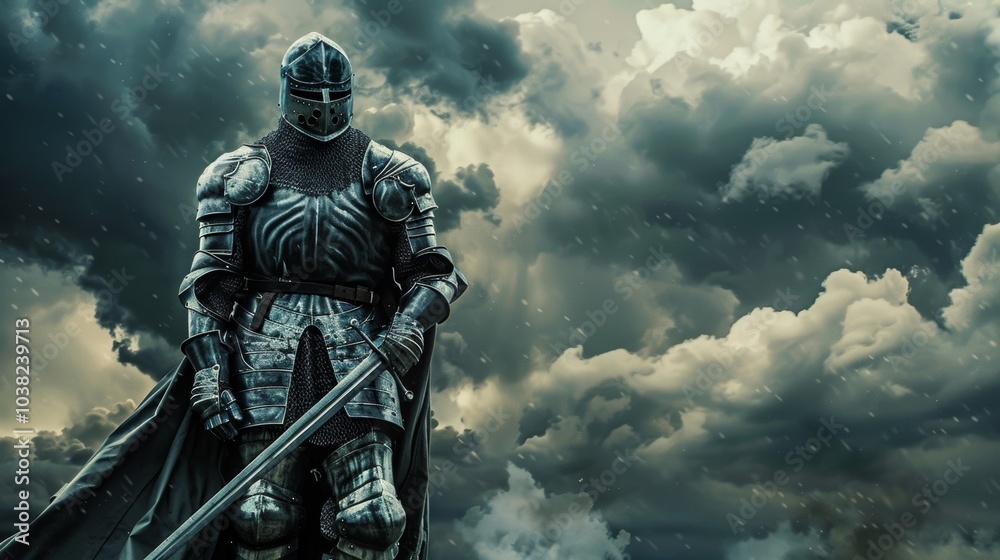 A knight in detailed armor stands under a stormy sky, holding a sword while the clouds darken around him A knight in detailed armor stands under a stormy sky, holding a sword while the clouds darken around him