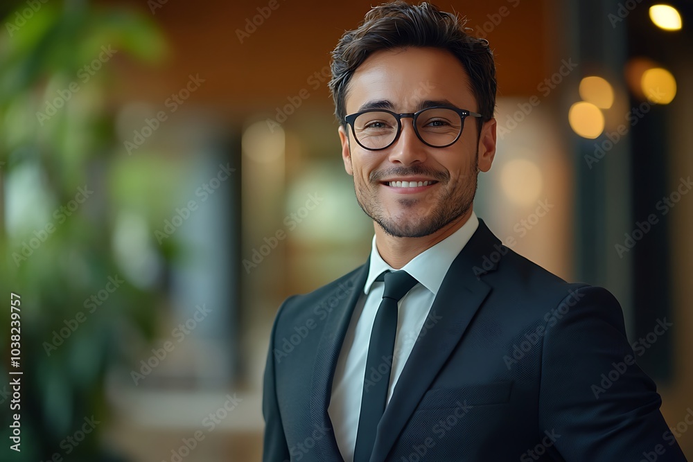 Happy Businessman in Suit with Optimistic Smile, Modern Office Setting Happy Businessman in Suit with Optimistic Smile, Modern Office Setting