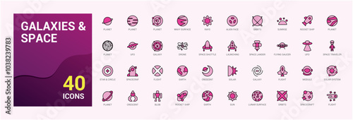 galaxies and space line and colorful icons set. Space planet, sun, Line and filled color icon collection. Editable stroke and color. Pixel perfect. Vector illustration.