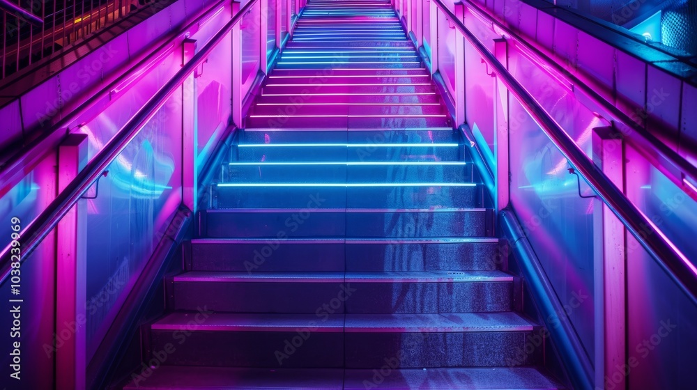 Vibrant neon-lit stairs leading to an urban area at night, showcasing a colorful display of pink and blue lights