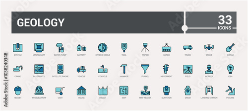 Set of line colorful geology icons. Filled and line style color icons bundle. Editable stroke. Pixel perfect. Vector illustration.