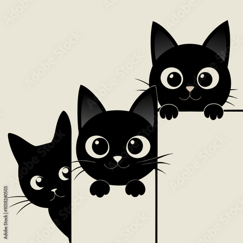 Playful Black Silhouette Cat Faces Peeking from Corners - Vector Set. Set of black cats looking out of the corner. Collection of cat faces that spy on you. Playing pets. 