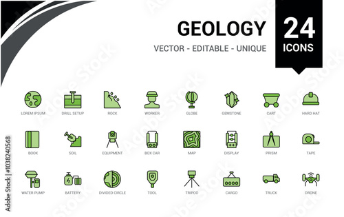 Set of line colorful geology icons. Filled and line style color icons bundle. Editable stroke. Pixel perfect. Vector illustration.