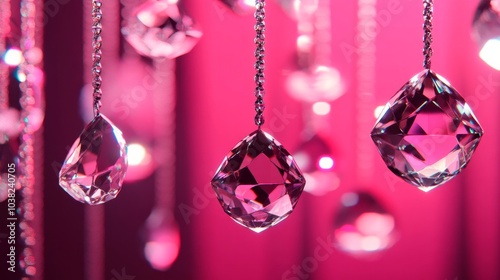 Gleaming and clear, diamonds of all sizes dangle in midair beneath a bright neon pink light. The diamonds' splendor is emphasized by the monotone background, making for an eye-catching presentation.
