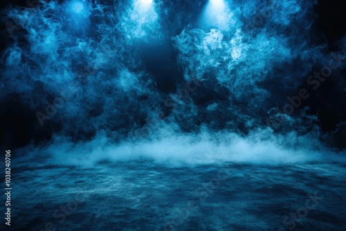A misty, illuminated stage with blue lighting, creating a dramatic atmosphere for performances or events.