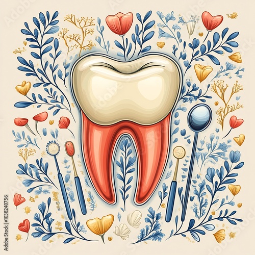 Colorful tooth illustration paired with different dental care tools arranged neatly against a dentalthemed background showcasing the essential elements of oral health and hygiene awareness photo