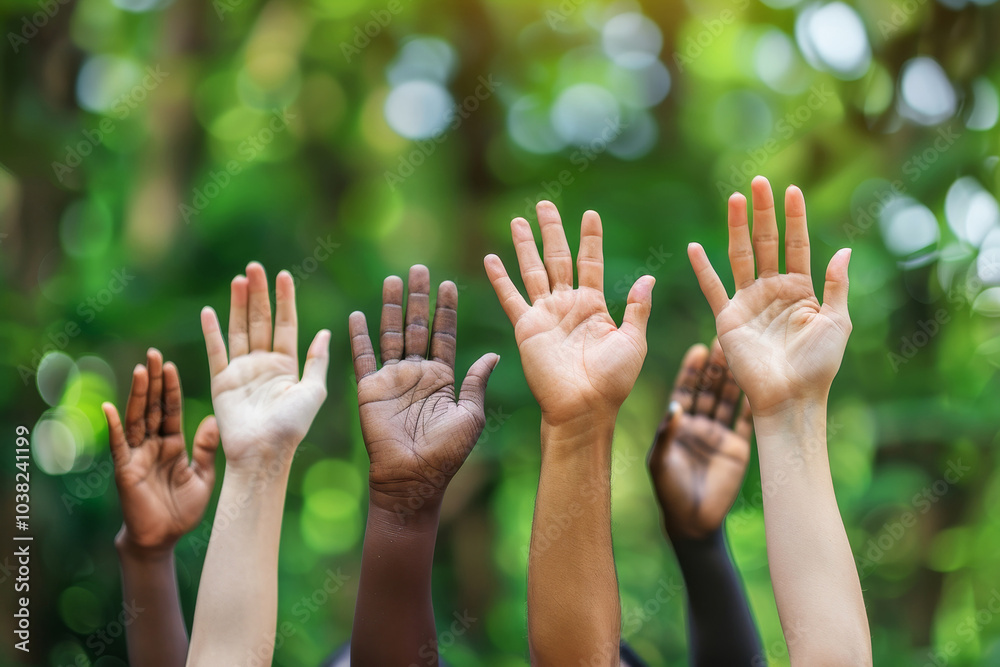 diversity people with different skin color raised hand up for vote with green environment background, Equality and Human Rights concept