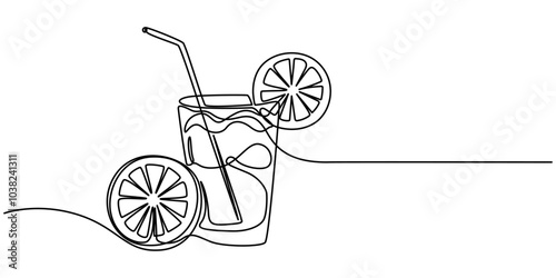 Glass of lemonade, or cocktail with lemon. Continuous line drawing, One continuous line drawing of fresh delicious lemonade ice with sliced lemon for restaurant, Continuous one line drawing of lemonad