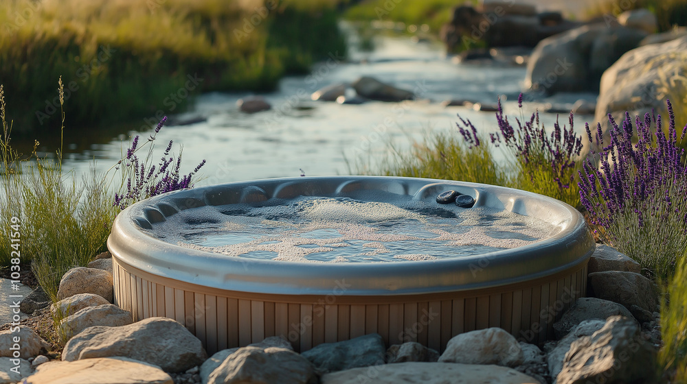 Hot tub overlooking a scenic river with wildflowers in the foreground, capturing a serene and picturesque environment for outdoor relaxation and wellness. Hot tub overlooking a scenic river with wildflowers in the foreground, capturing a serene and picturesque environment for outdoor relaxation and wellness.
