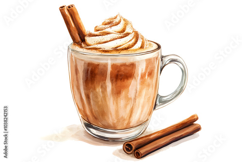 A close-up illustration of a pumpkin spice latte with cinnamon sticks and whipped cream, isolated on a white background