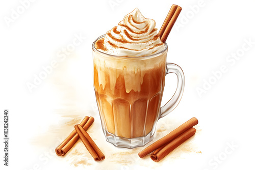 A close-up illustration of a pumpkin spice latte with cinnamon sticks and whipped cream, isolated on a white background