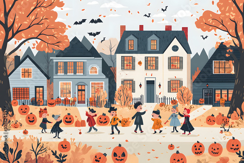 A cheerful Halloween party illustration with kids in costumes, trick-or-treating from house to house with jack-o'-lanterns lining the street