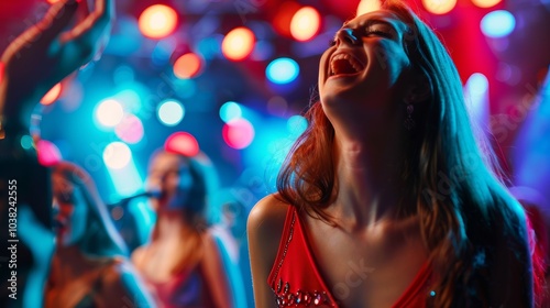 A young woman joyfully dances in a brightly lit club during a lively night out with friends