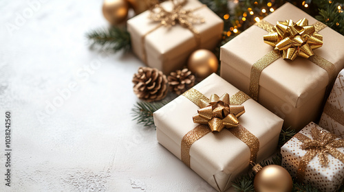 Gold and White Christmas Gifts with Pinecones and Ornaments – Elegant Holiday Present Display, Ai Generative