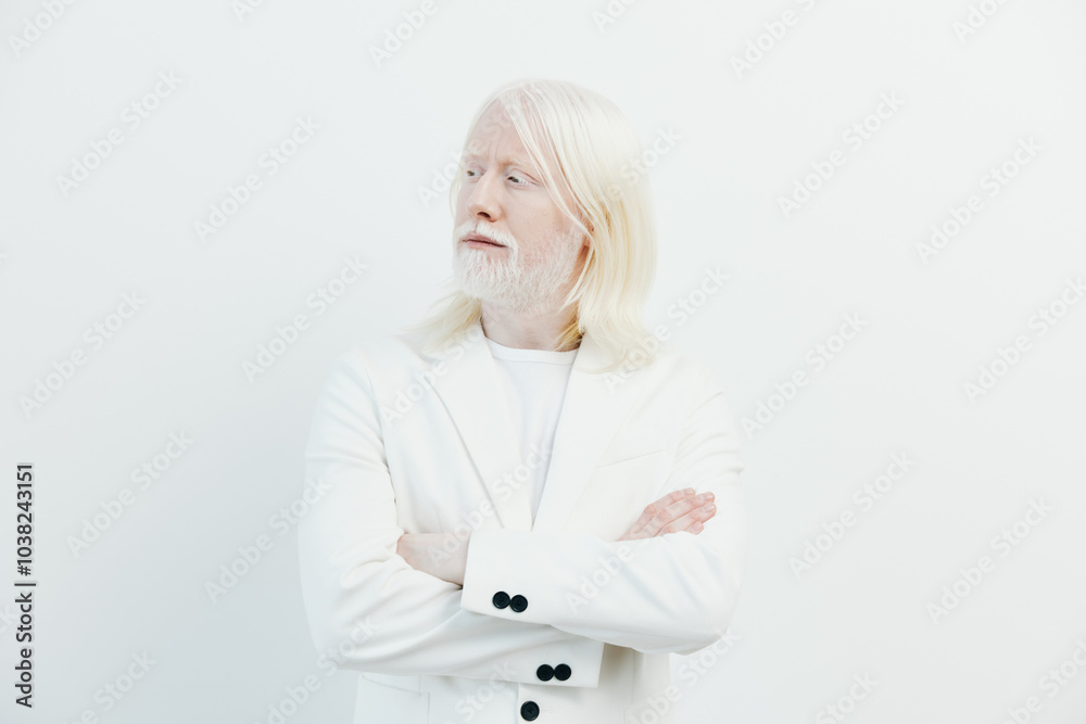 Portrait of a thoughtful man with long white hair and a beard, dressed in a stylish white suit against a minimalistic white background, embodying elegance and introspection Portrait of a thoughtful man with long white hair and a beard, dressed in a stylish white suit against a minimalistic white background, embodying elegance and introspection