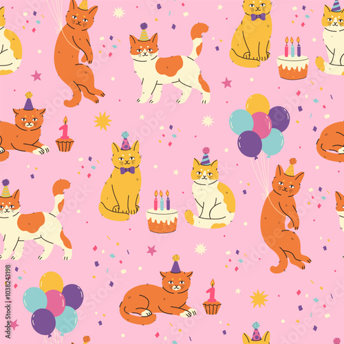 Seamless pattern with cats celebrating birthday. Vector graphics.
