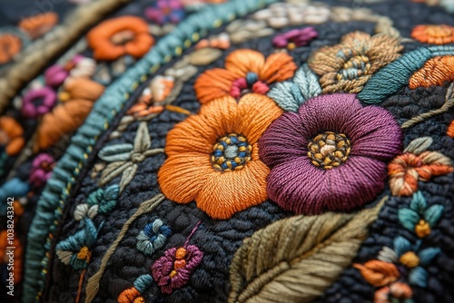 Closeup vintage embroidery vintage embroidery high quality. Ornate botanical embroidery in oriental motif: colorful flowers, leaves embroidered on dark fabric. A sample of handmade creativity.