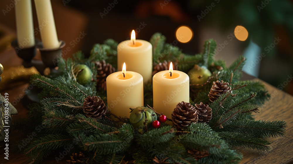 Cozy German Advent Wreath with Lit Candles on Christmas Eve Cozy German Advent Wreath with Lit Candles on Christmas Eve