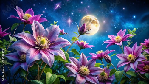 Night Photography of Beautiful Clematis Flowers in Bloom Under Starry Sky, Capturing Nature's Wonders with Soft Lighting and Vibrant Colors for Stunning Visual Appeal