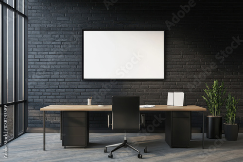 modern office space featuring sleek wooden desk, black ergonomic chair, and large blank wall for presentations. minimalist design creates professional atmosphere