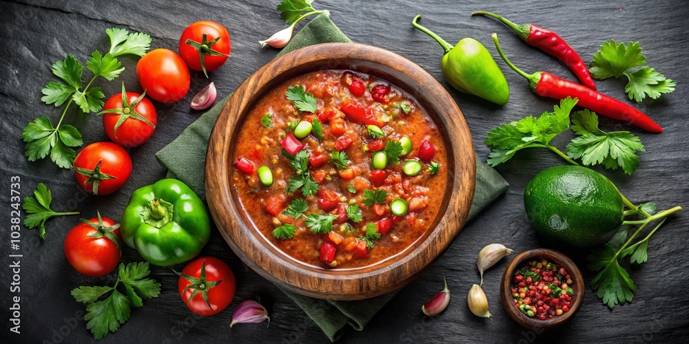 A Rustic Wooden Bowl Filled with Vibrant Red and Green Ingredients, Surrounded by Fresh Herbs, Spices, and a Handful of Tomatoes A Rustic Wooden Bowl Filled with Vibrant Red and Green Ingredients, Surrounded by Fresh Herbs, Spices, and a Handful of Tomatoes