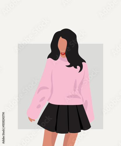 Illustration of brunette girl on light gray background.