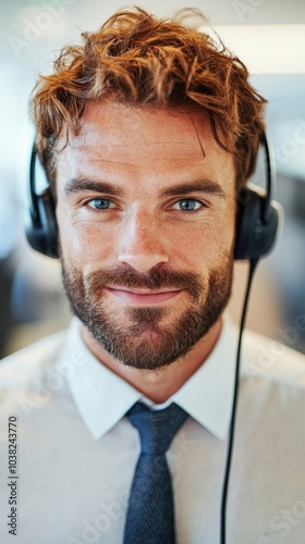 Confident Male Call Center Agent with Headset Smiling in Modern Office Environment