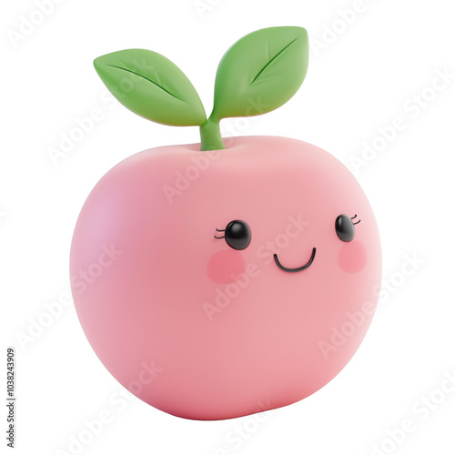 3d cartoon apple with kawaii face. Cute pink cartoon fruit with adorable face, smile. Apple character isolated on transparent background.