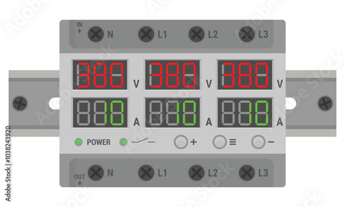 Three phase voltage relay mounted on a DIN rail. Automatic under and over voltage protection device. Vector illustration isolated on white background