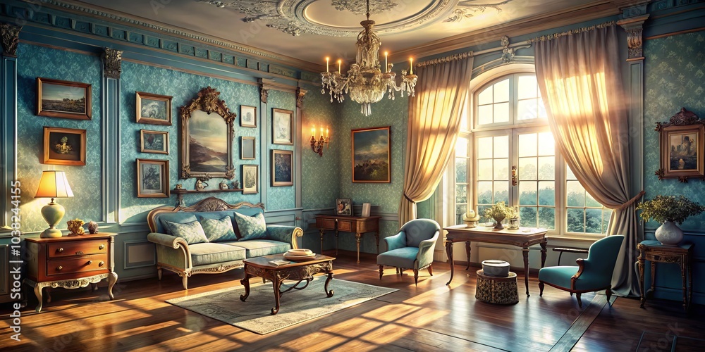 Nostalgic Aerial Photography of Retro Azure Room Bathed in Soft Sun Rays, Capturing Old-World Charm and Timeless Elegance in a Vintage Setting Nostalgic Aerial Photography of Retro Azure Room Bathed in Soft Sun Rays, Capturing Old-World Charm and Timeless Elegance in a Vintage Setting