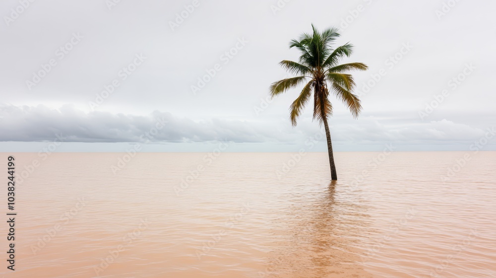 Fototapeta premium Lone palm tree standing in calm waters with a cloudy sky overhead.