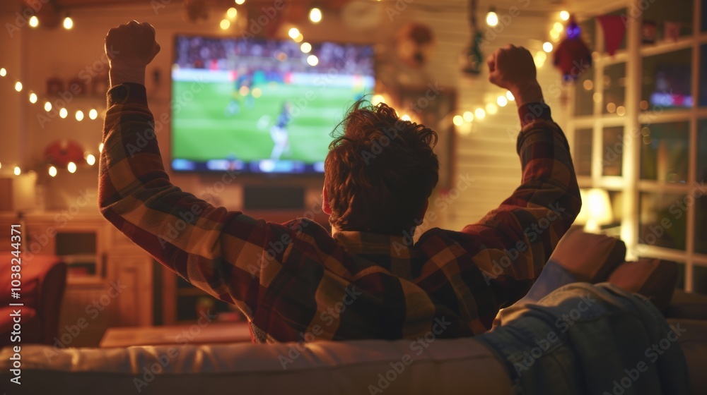 Obraz premium Excited fan celebrates a goal while watching a live football match in a warmly lit living room during the evening