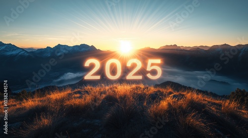 Sonnenaufgang über den Bergen mit 2025-Schriftzug