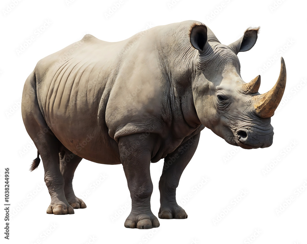 Close-Up of Majestic Rhino Standing on White Background Close-Up of Majestic Rhino Standing on White Background
