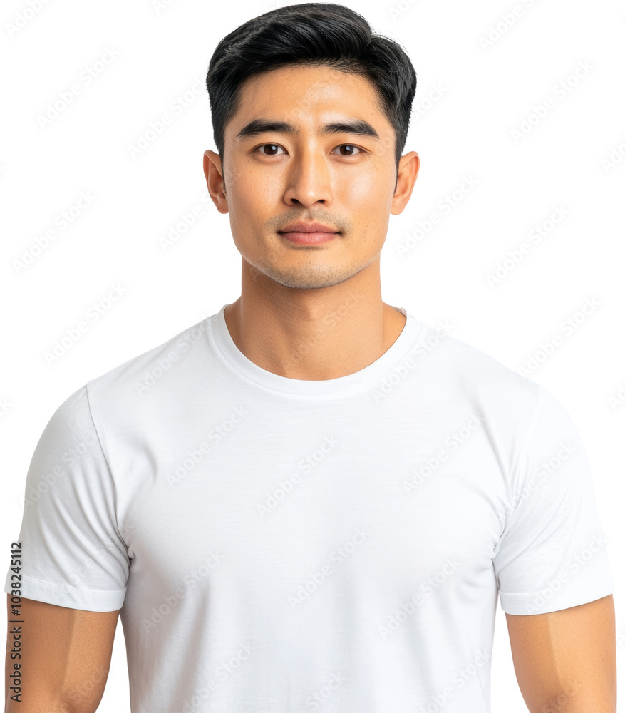 Portrait of a young Asian man in a simple white t shirt, neutral expression, against a black background.