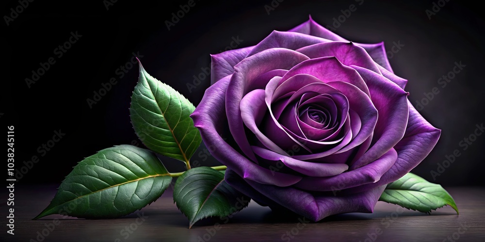 A single purple rose, resting on a dark surface, showcasing intricate details of its velvety petals and lush green leaves. A single purple rose, resting on a dark surface, showcasing intricate details of its velvety petals and lush green leaves.