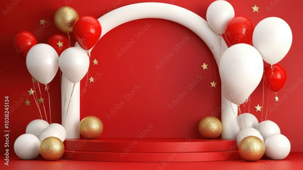 A festive backdrop featuring an arch with red and white balloons, gold accents, and a vibrant red background, ideal for celebrations and events. A festive backdrop featuring an arch with red and white balloons, gold accents, and a vibrant red background, ideal for celebrations and events.