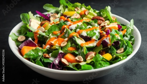 A vibrant salad bowl filled with mixed greens colorful vegetables nuts and a drizzle of dressing showcasing healthy eating