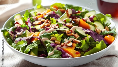 A vibrant salad bowl filled with mixed greens colorful vegetables nuts and a drizzle of dressing showcasing healthy eating