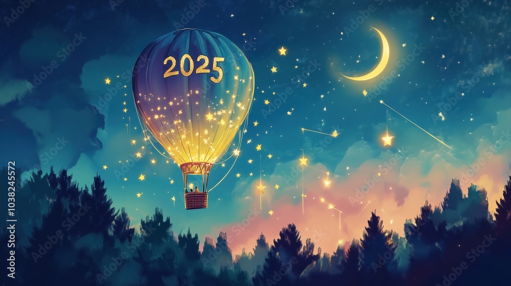 Heißluftballon mit 2025 unter dem Nachthimmel Heißluftballon mit 2025 unter dem Nachthimmel