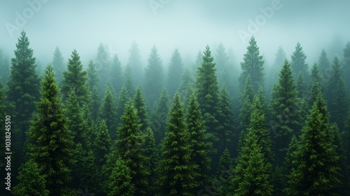 Lush green coniferous forest shrouded in mist with tall trees, serene and tranquil atmosphere.