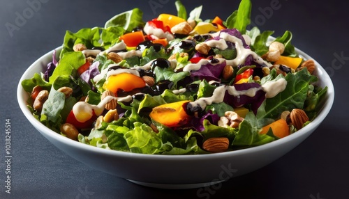 A vibrant salad bowl filled with mixed greens colorful vegetables nuts and a drizzle of dressing showcasing healthy eating