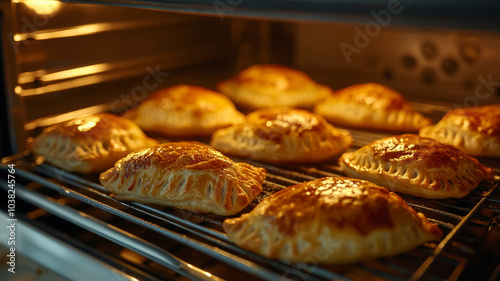 Pastries baking in oven with golden crust.