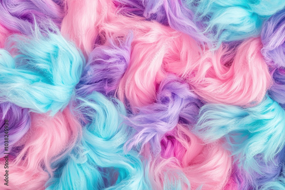A colorful, textured background featuring soft strands of pastel pink, blue, and purple fibers.