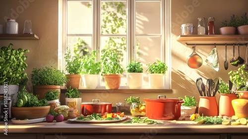 A warm inviting kitchen filled with healthy ingredients pots and fresh herbs inspiring healthy cooking