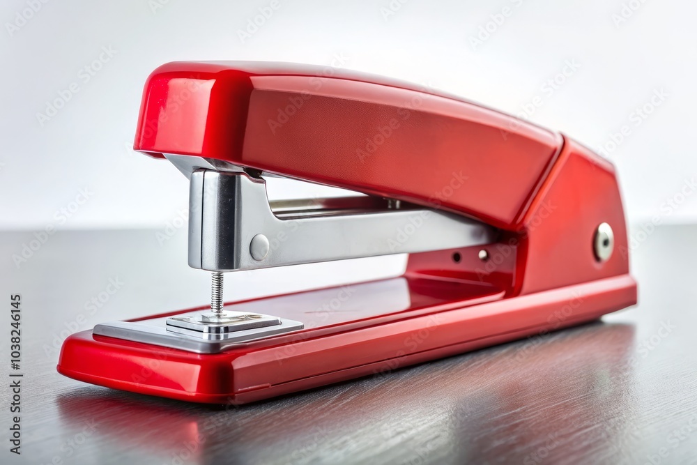 Red Stapler on White Background - Essential Office Tool for Organization, Productivity, and Document Management in Home and Office Settings