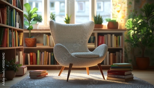 A well-lit home office space with a focus on wellness books plants and a cozy chair encouraging a balanced lifestyle