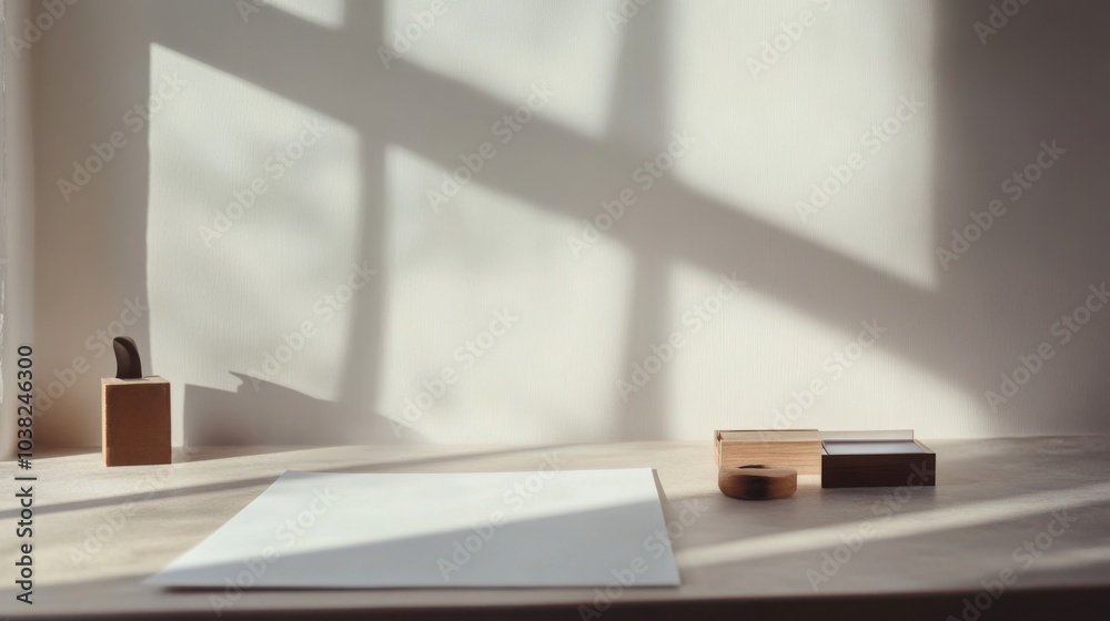 A minimalist workspace featuring a simple rubber stamp, ink pad, and a blank sheet of paper A minimalist workspace featuring a simple rubber stamp, ink pad, and a blank sheet of paper