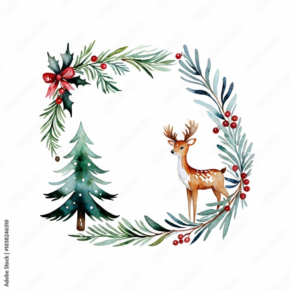 Watercolor Christmas Greeting Card Illustration of Deer, Tree, Leaves, and Berries Watercolor Christmas Greeting Card Illustration of Deer, Tree, Leaves, and Berries