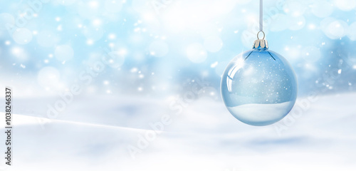 Weihnachtskugel aus Glas vor verschneiter Landschaft